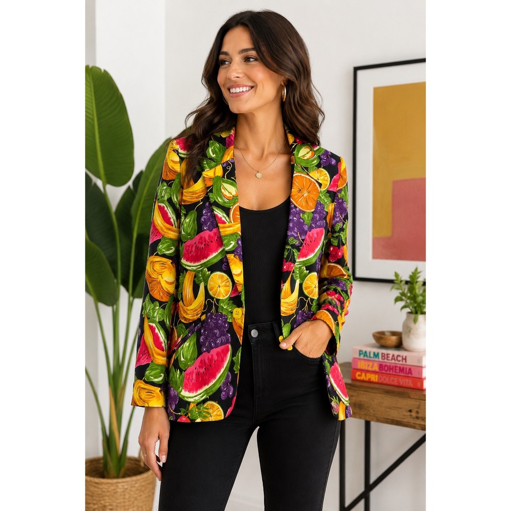 Vintage Sharon Young fruit print vibrant blazer jacket Size S made in USA unique